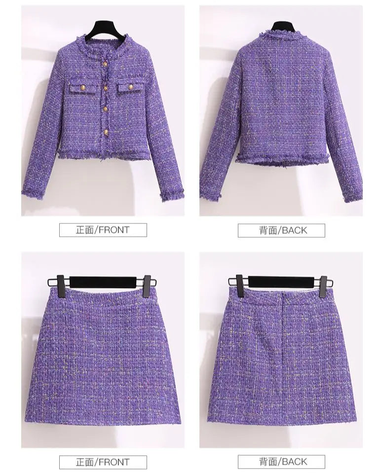 Women Elegant Tweed Fragrant Warm Suit Jacke Coat Sweater Top And Skirt Three Piece Sets Outfit Winter Jacquard Fashion Clothing