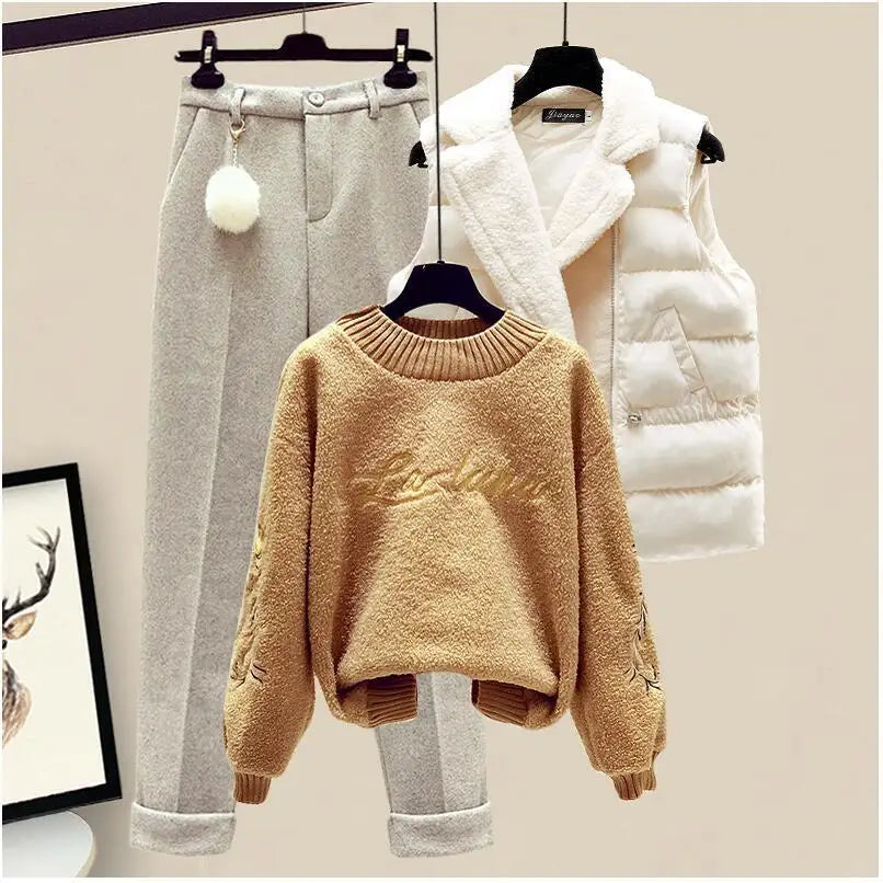 Women's Autumn Winter Fashion Clothing Matching Sets Lady Floral Sweater Vest Coats Wool Pants Suits Knit Tops Trousers Outfits