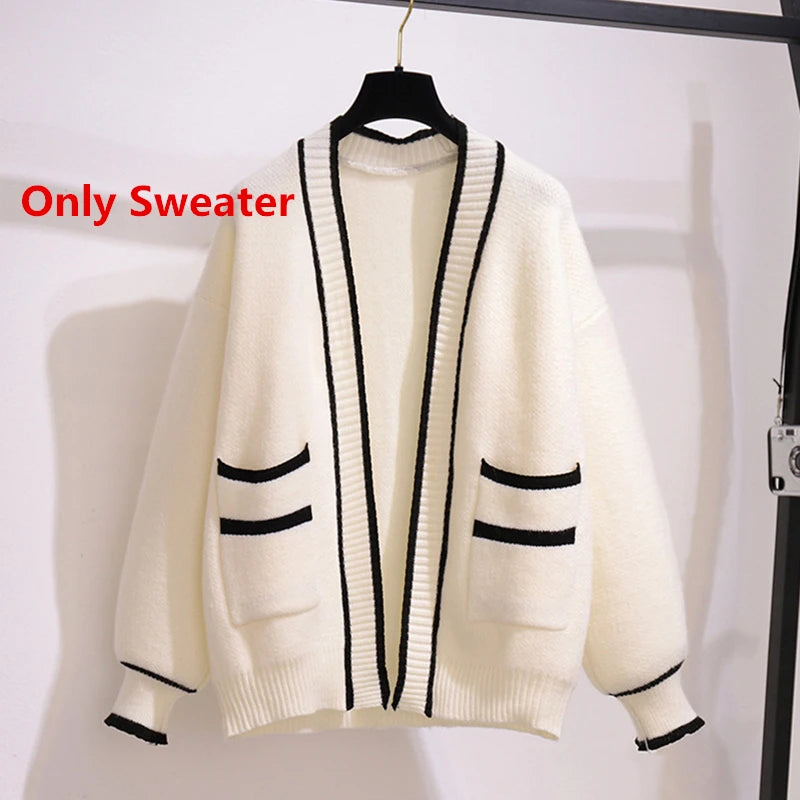 Women's Spring Autumn Sweater Cardigan Sleeveless Dress Two Pieces Set 2023 New Preppy Style Casual Loose Knit Coat Dress Outfit