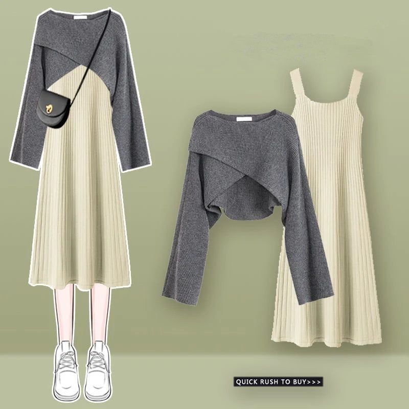 Women's Spring Autumn Sweater Cardigan Sleeveless Dress Two Pieces Set 2023 New Preppy Style Casual Loose Knit Coat Dress Outfit