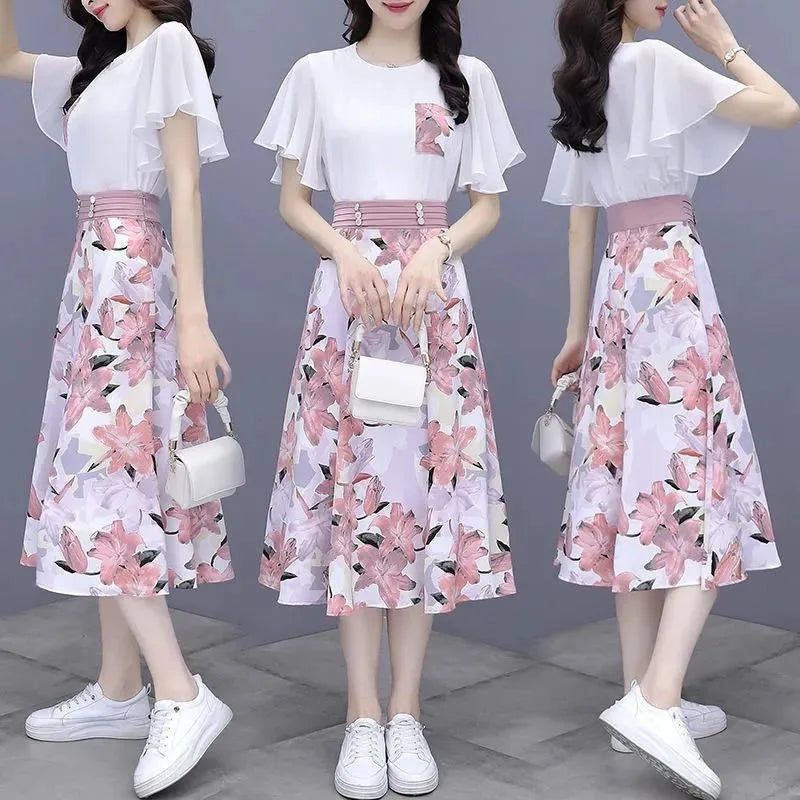 Women's Suits Summer 2022 New Fashion Casual Slim Temperament Floral T-shirts Skirts Female Two Piece Sets SJ431