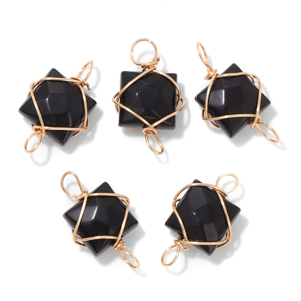 1PC Natural 8mm Square Faceted Stone Pendant Tiger Eye Rose Quartzs Healing Pendants Double Holes Wire Wrapped Charms for DIY