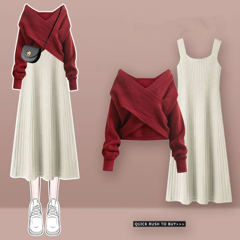 Women's Spring Autumn Sweater Cardigan Sleeveless Dress Two Pieces Set 2023 New Preppy Style Casual Loose Knit Coat Dress Outfit