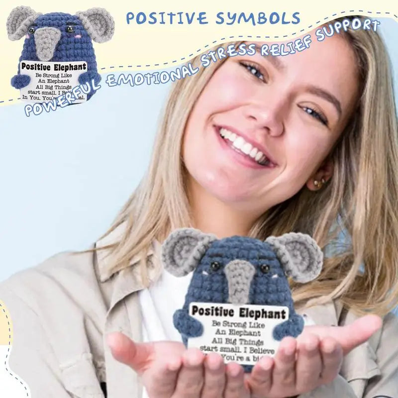 Positive Crochet Elephant Doll Hand-crocheted Energy Emotional Support Elephant With Positive Card Tabletop Ornaments