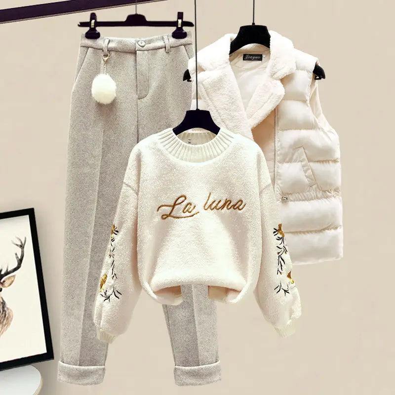 Women's Autumn Winter Fashion Clothing Matching Sets Lady Floral Sweater Vest Coats Wool Pants Suits Knit Tops Trousers Outfits