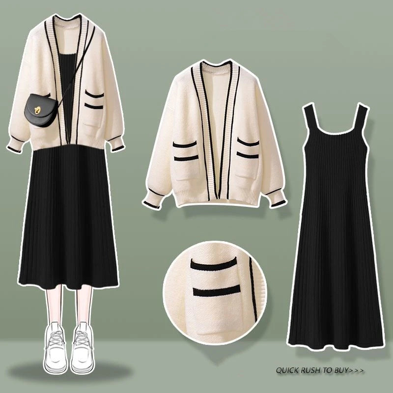 Women's Spring Autumn Sweater Cardigan Sleeveless Dress Two Pieces Set 2023 New Preppy Style Casual Loose Knit Coat Dress Outfit