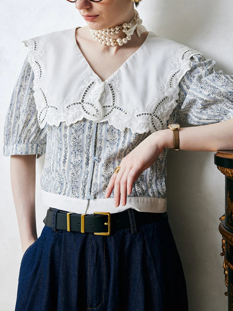 Lace Embroidery Button-Up Big Collar Puff Sleeve Top Cut-out Print Shirt Vacation Blouse French Style Summer Woman Clothing