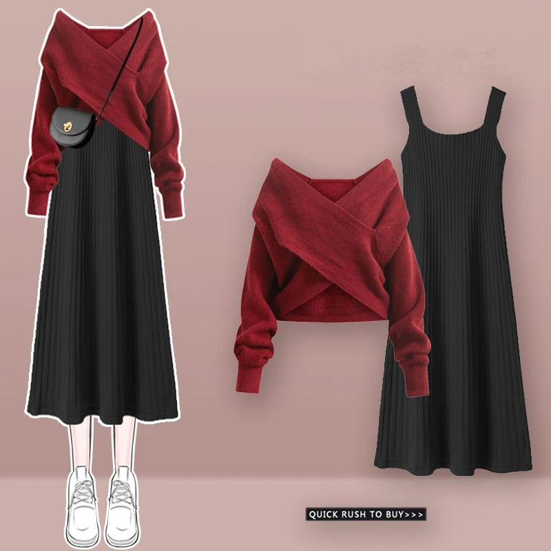 Women's Spring Autumn Sweater Cardigan Sleeveless Dress Two Pieces Set 2023 New Preppy Style Casual Loose Knit Coat Dress Outfit