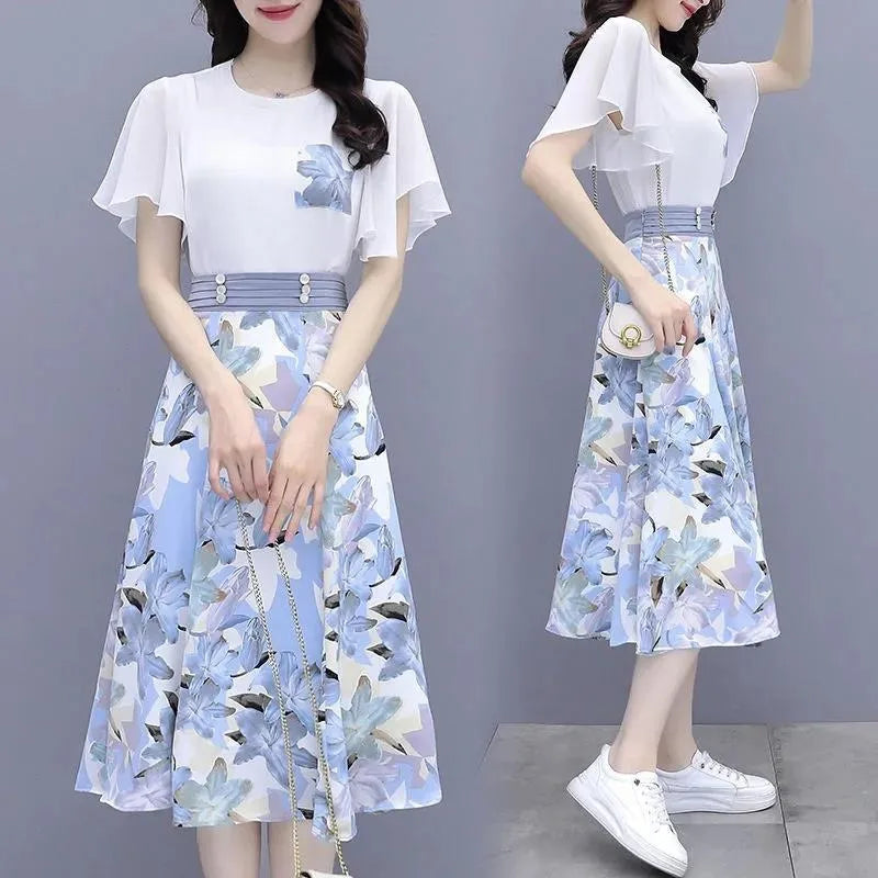 Women's Suits Summer 2022 New Fashion Casual Slim Temperament Floral T-shirts Skirts Female Two Piece Sets SJ431