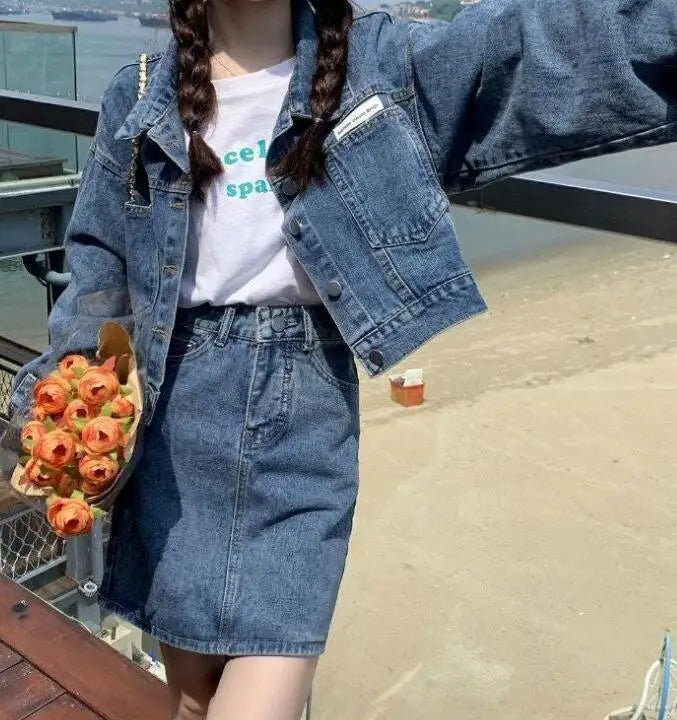 Women Jean Clothes Set ,Denim Jacket + Half Skirt Two-piece Set