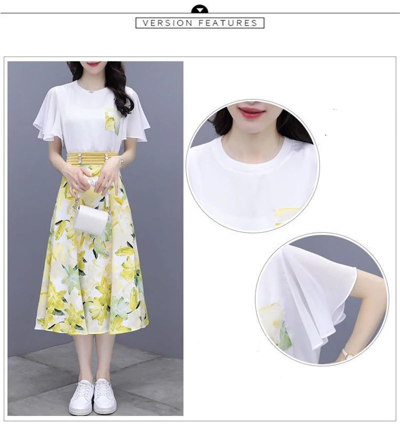 Women's Suits Summer 2022 New Fashion Casual Slim Temperament Floral T-shirts Skirts Female Two Piece Sets SJ431