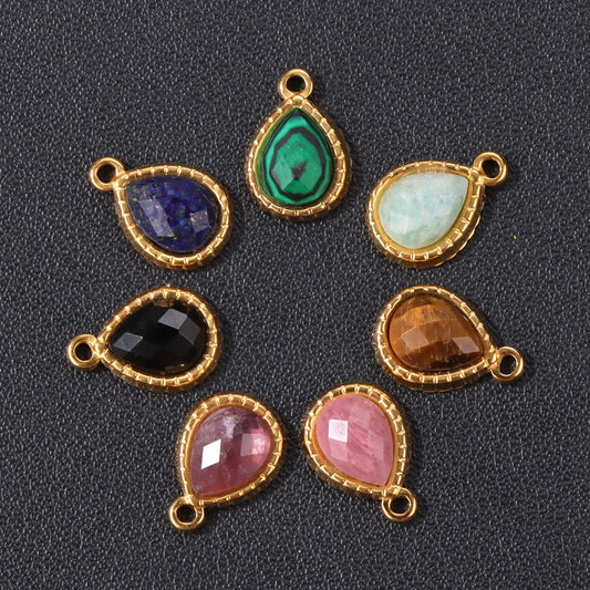 5pcs/lot Natural Stone Pendants Water Drop Stainless Steel Tiger Eye Malachite Beads Pendants for DIY Jewelry Making 9x11mm